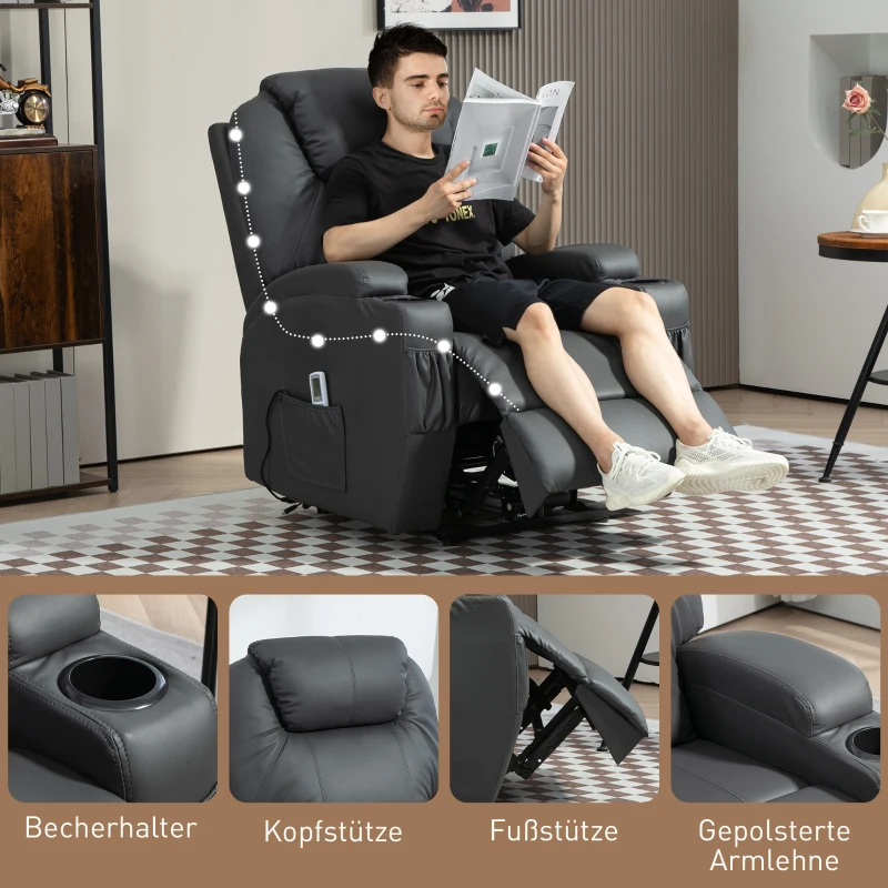 HOMCOM Massagesessel, elektrisch verstellbar, 8 Vibrationspunkte, Becherhalter, Kunstleder, Dunkelgrau(m-6)