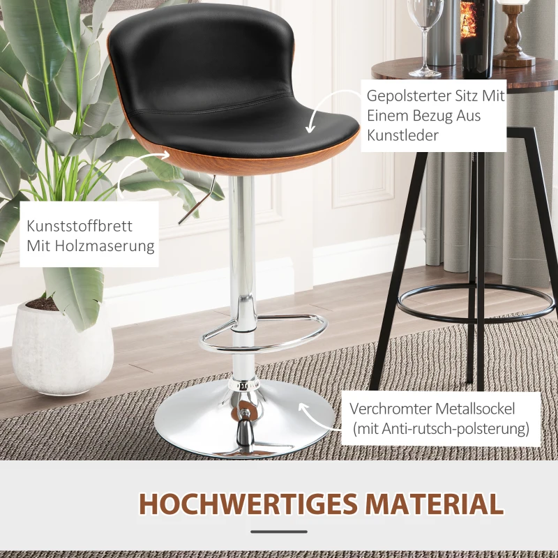 HOMCOM 2er-Set Barhocker mit Fußstütze, Barstuhl mit Rückenlehne, Bistrohocker, Esszimmerstuhl höhenverstellbar drehbar, Kunstleder, Schwarz, 46 x 53,5 x 85-106 cm