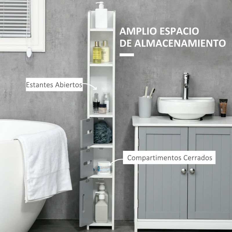 kleankin Columna Baño con 3 Puertas y 3 Estantes Mueble Auxiliar Alto de Estilo Moderno 15x17x120cm Blanco y Gris