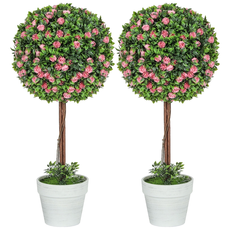 HOMCOM Set Of 2 Pink Artificial Rose Topiary Balls – 28cm Faux Hanging Plants
