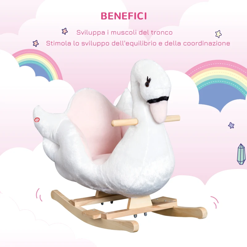 HOMCOM Cavallo a Dondolo a Forma di Cigno con Musica, Cavalluccio a Dondolo con Struttura in Metallo e Legno, Rivestimento Peluche, 60x32x55cm, Bianco