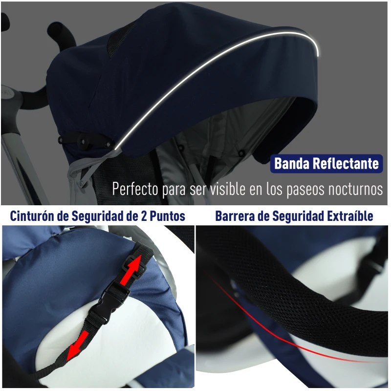 HOMCOM Triciclo para Bebés Plegable Triciclo Evolutivo 2 en 1 para Niños +18 Meses con Toldo Plegable Mango de Empuje Telescópico Reposapiés Cinturón de Seguridad y Cestas Azul