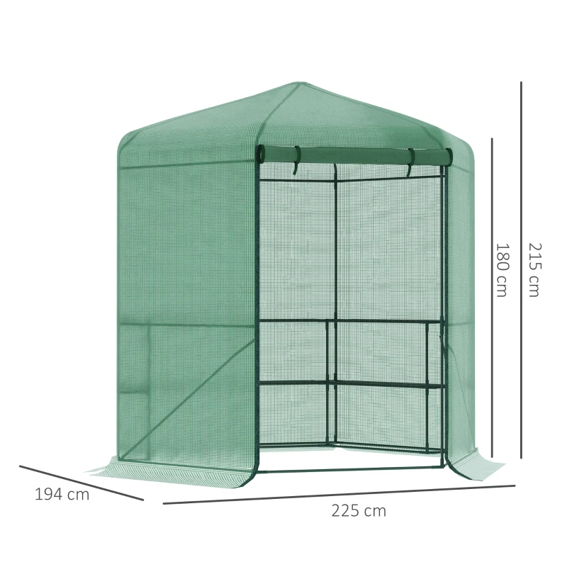 Outsunny Serre de Jardin hexagonale avec 6 étagères 2 niveaux - dim. 2,25L x 1,94l x 2,15H m Porte Enroulable zippée Acier thermolaqué PE Haute densité Vert