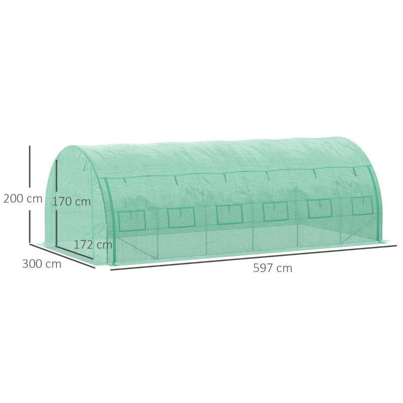 Outsunny Invernadero de Túnel 6x3x2 m con Puerta y 12 Ventanas de Malla Enrollables Invernadero de Huerto para Patio Jardín Verde