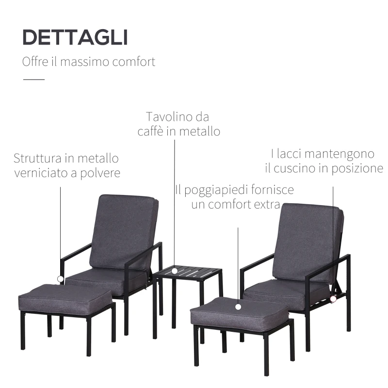 Outsunny Set 5 Pezzi Mobili da Esterno, 2 Sedie Sdraio Reclinabili, 2 Pouf e 1 Tavolino, Grigio e Nero, Metallo e Poliestere