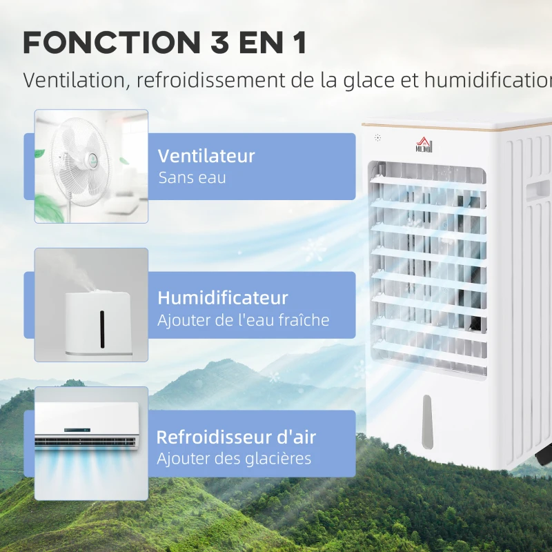 HOMCOM Refroidisseur d'air ventilateur humidificateur 3 en 1 avec télécommande, minuterie, oscillation, affichage LED