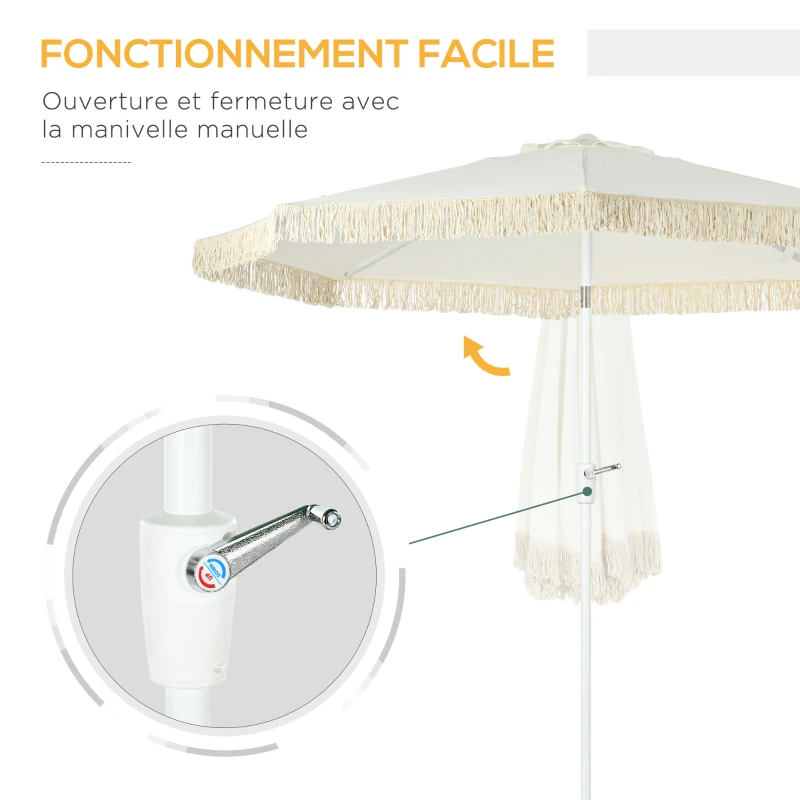 Outsunny Parasol de jardin parasol extérieur inclinable parasol à franges avec manivelle 8 baleines dim. Ø 2,65 x 2,45 H m Blanc