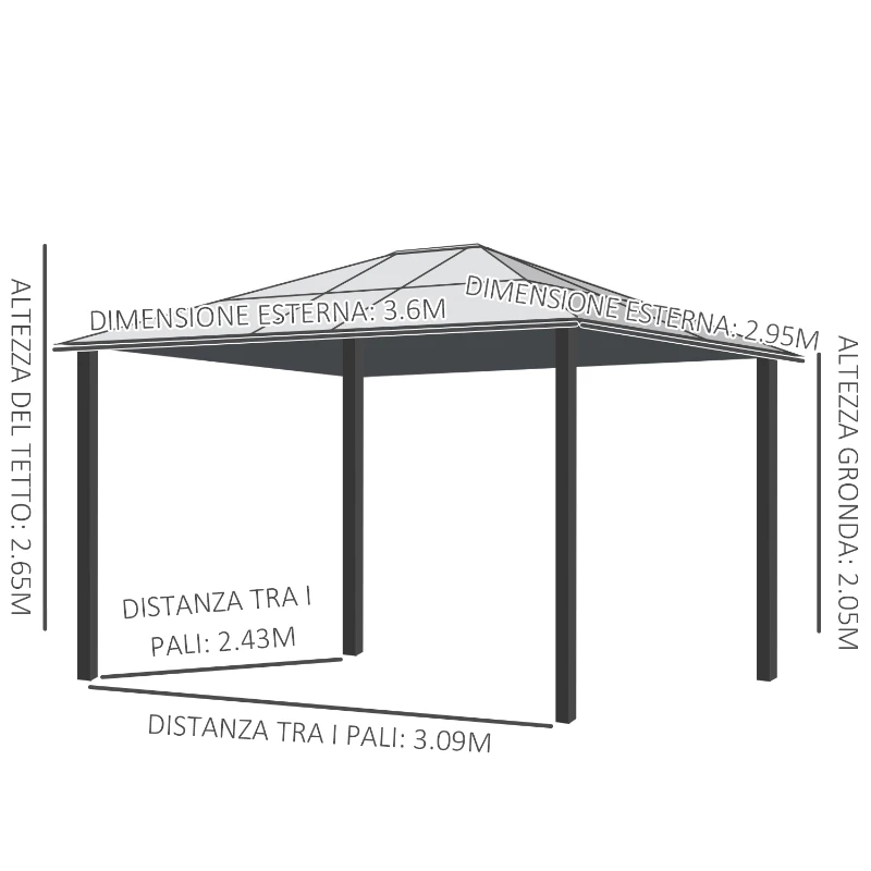 Outsunny Gazebo da Giardino 3x3.6m in Alluminio con Zanzariera e Tetto in Policarbonato
