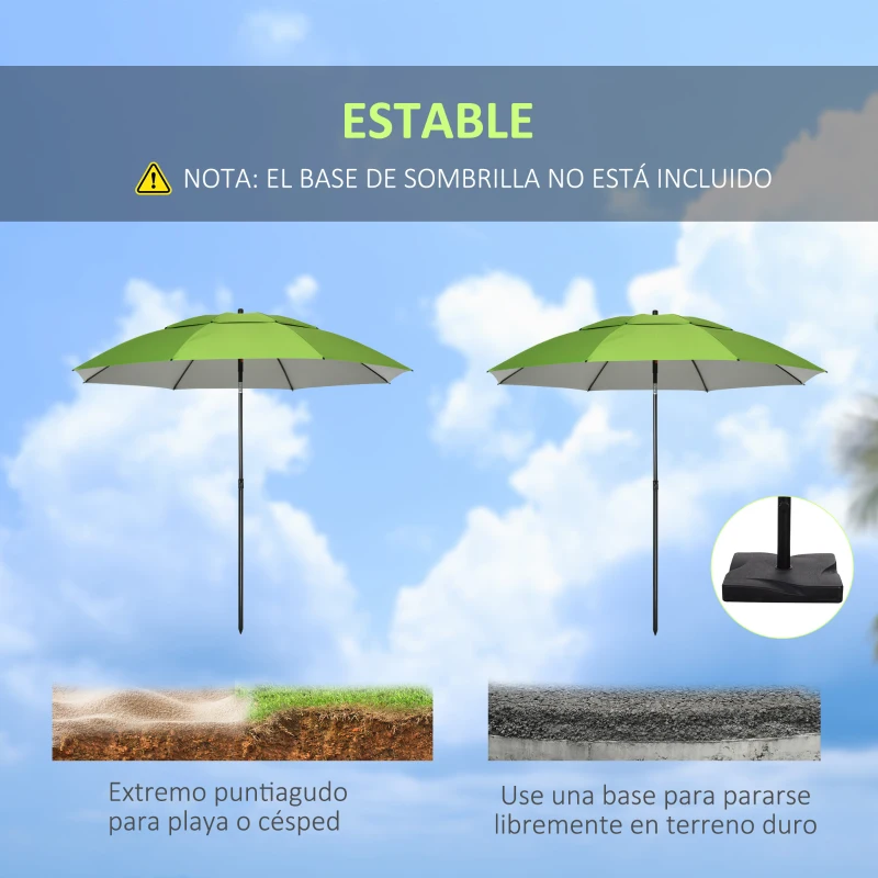 Outsunny Sombrilla de Playa Ø185x205 cm con Techo Doble Ángulo Ajustable Protección UV30+ y Bolsa de Transporte Verde