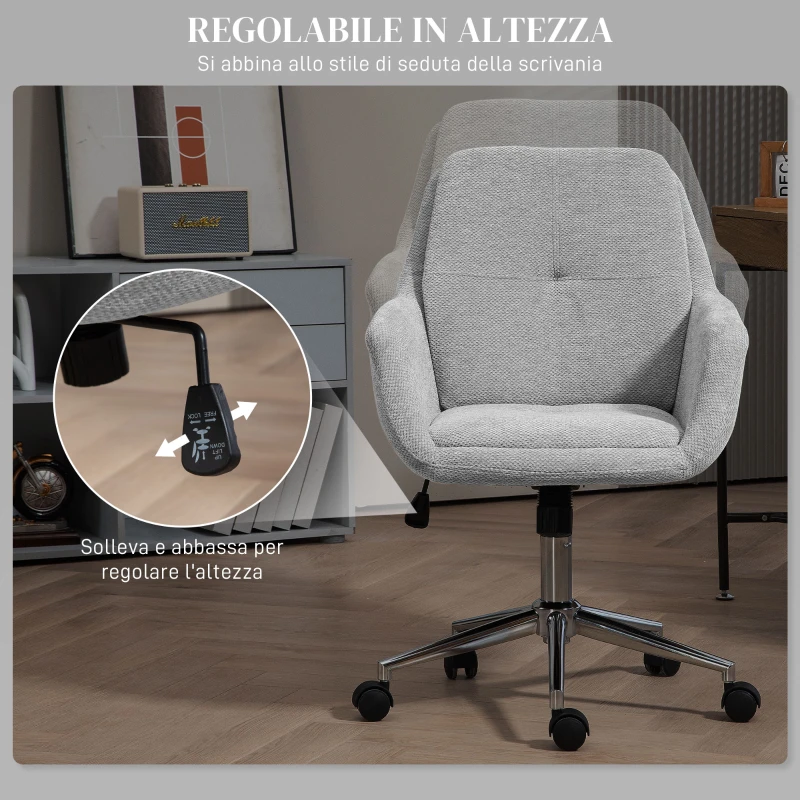 HOMCOM Sedia da Ufficio Girevole ad Altezza Regolabile, in Tessuto Effetto Lino e Acciaio, 55x66x86-96 cm, Grigio Chiaro