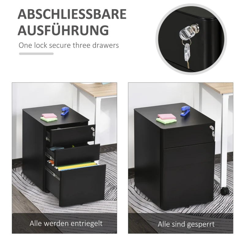 Vinsetto Rollcontainer mit 3 Schubladen mobiler Aktenschrank mit Rollen abschließbar Büroschrank mit Hängeregistratur Stiftfach, Bürocontainer für Büro, Homeoffice, 39 x 48 x 59 cm Schwarz