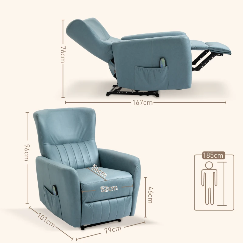 HOMCOM Sillón de Masaje Relax con Reclinación Manual 155° 8 Zonas de Masaje Mando a Distancia Tapizado en Tejido Técnico Reposapiés y 2 Bolsillos Laterales 79x101x96 cm Azul