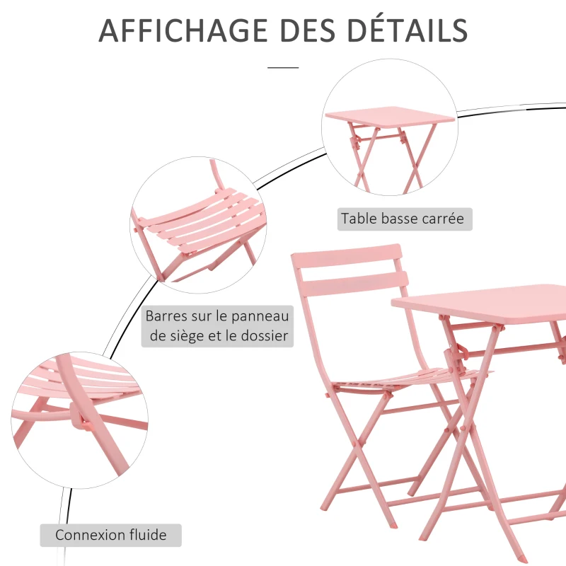 Outsunny Salon de jardin bistro pliable - table carrée dim. 60L x 60l x 71H cm avec 2 chaises - métal thermolaqué rose