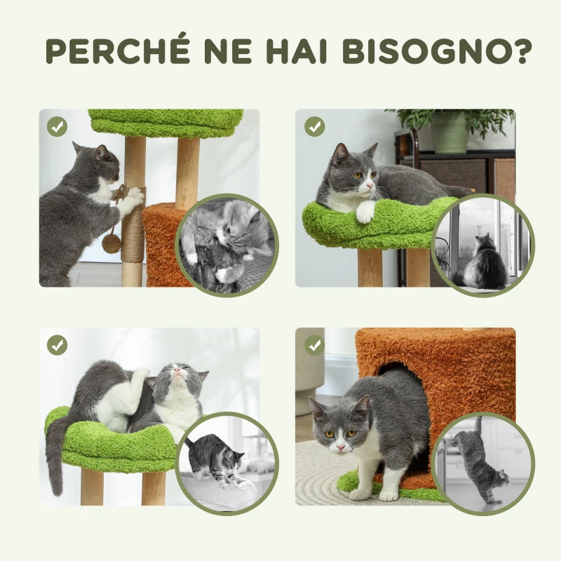 PawHut Albero Tiragraffi per Gatti con Casetta, Lettino e Pallina Giocattolo, in Legno e Peluche, 44x33x61 cm, Verde