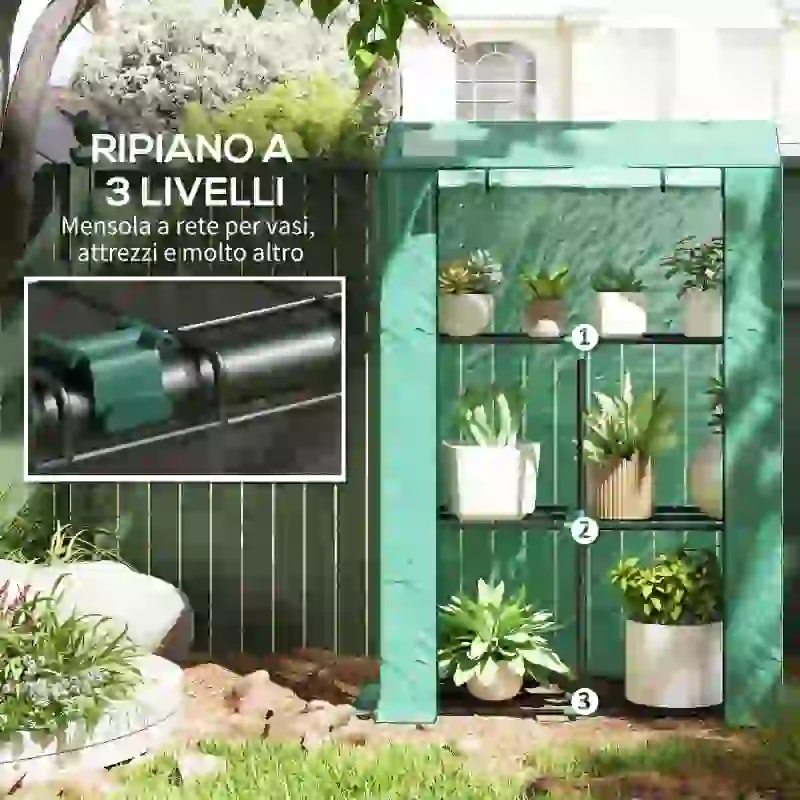Outsunny Serra da Giardino a 3 Livelli con Copertura in PE Anti-UV e Porta Avvolgibile, 100x40x150 cm, Verde