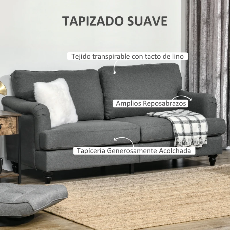HOMCOM Sofá de 3 Plazas Moderno Tapizado en Lino Sintético con Patas de Madera de Caucho 180x82x73 cm Gris Oscuro