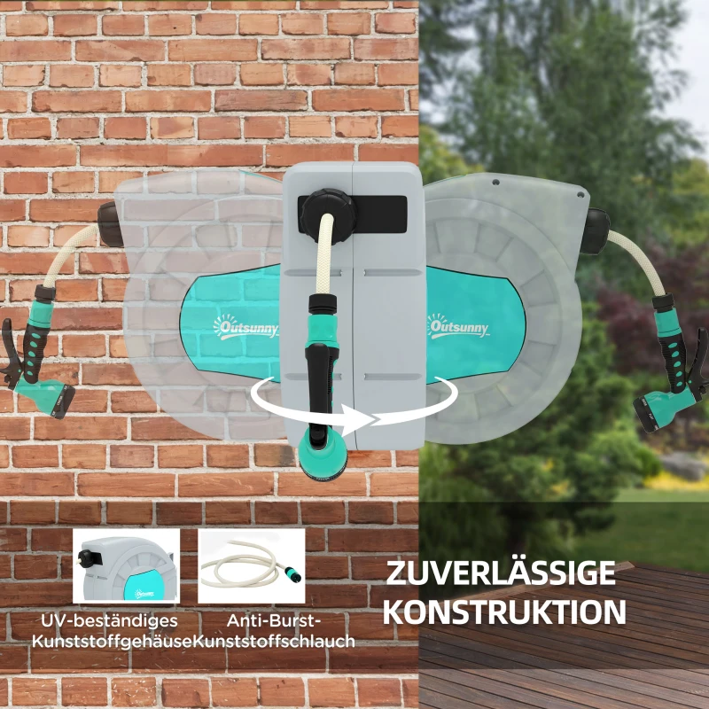 Outsunny Gartenschlauchhalter, 25+2 Meter Gartenschlauch in robustem Gehäuse, Wandhalterung, 7 Sprühmuster, 180° drehbar, Grau