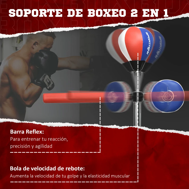 SPORTNOW Pera de Boxeo de Pie Bola de Velocidad y Barra Giratoria Altura Ajustable y Base Rellenable 80,5x48x163-205cm Negro Rojo