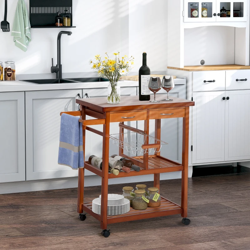 HOMCOM Carrello Portata da Cucina in Legno con Portabottiglie, Cestello, 2 Ripiani, 2 Cassetti, Legno di Pino, Resistente, Agevole, Versatile, 84.5x37.2x85cm