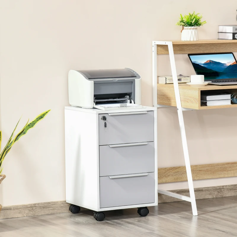 HOMCOM Mueble Archivador con Ruedas 3 Cajones Cerradura y 2 Llaves para Estudio Salón 40x40x63,5 cm Blanco y Gris