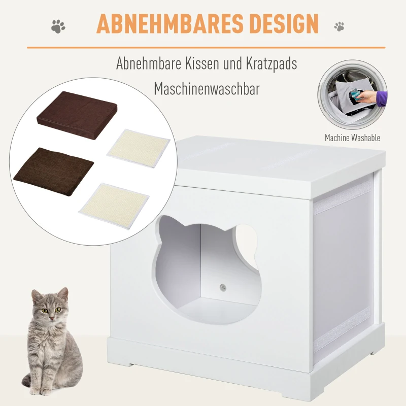PawHut Katzenhaus Sitzhocker Hocker 2 In 1 Katzenhöhle Katzenwohnung MDF Weiß 41 x 30 x 36 cm