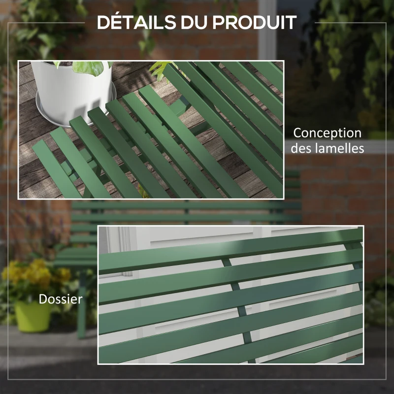 Outsunny Banc de jardin extérieur 2 Places Assise Dossier à Lattes, en aluminium, dim. 123L x 67l x 79H cm, vert