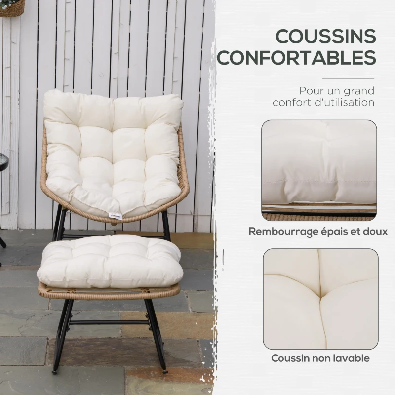 Outsunny Fauteuil chaise de jardin avec repose-pieds en métal époxy et résine tressée aspect rotin avec coussins moelleux - naturel