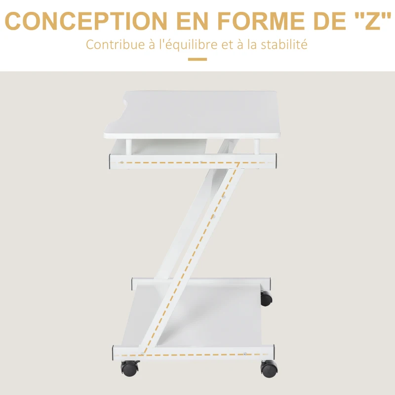 HOMCOM Bureau Informatique Roulant - Bureau Mobile - Table d'ordinateur - Tablette coulissante Clavier + étagère - Blanc