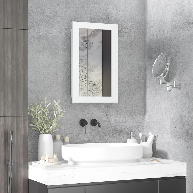 kleankin Armario con Espejo de Baño Botiquín de Pared con Puerta y Estantes Ajustables para Dormitorio Aseo 40x12x71 cm Blanco