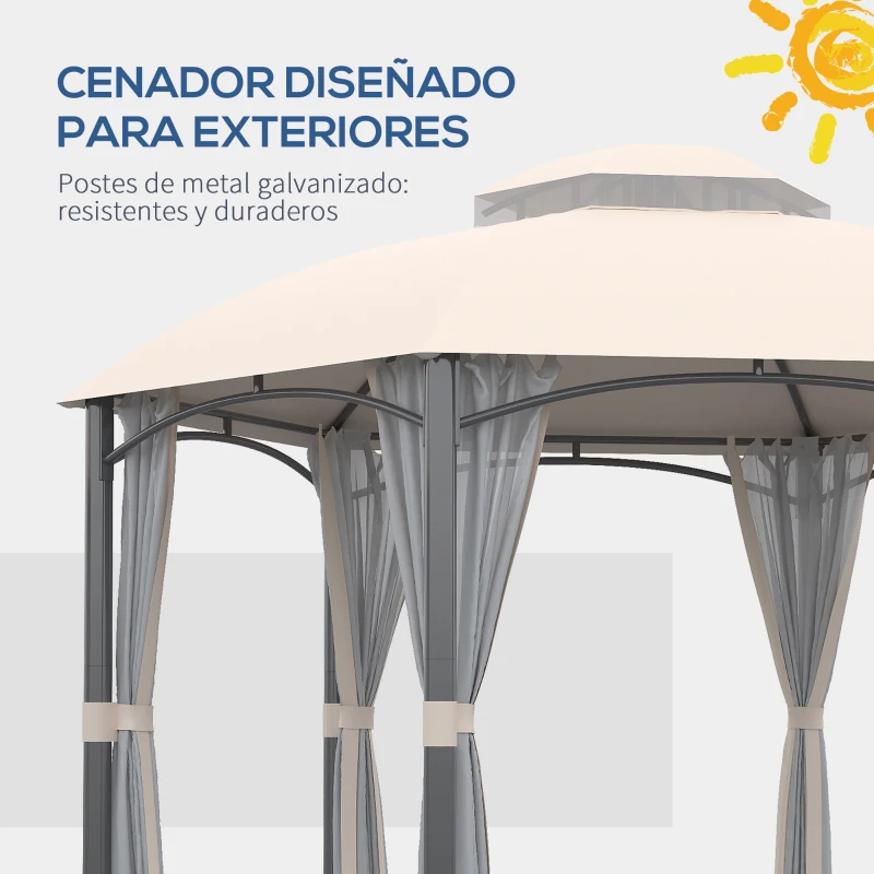 Outsunny Cenador de Jardín Hexagonal Pabellón Exterior con Doble Techo y 6 Mosquiteras con Cremallera Ø4x2,94 m Caqui