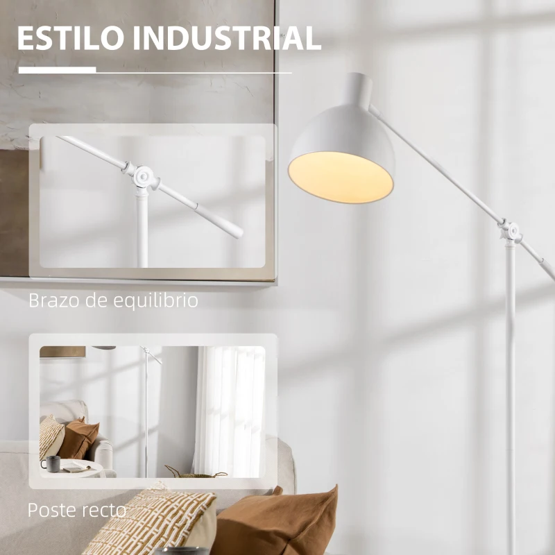 HOMCOM Lámpara de Pie para Salón con Brazo Oscilante Altura Ajustable y Pantalla Giratorio 90° Ø30x131-155 cm Blanco