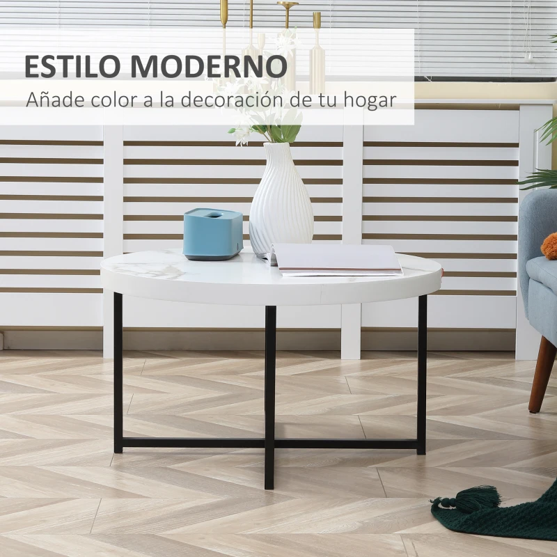 HOMCOM Mesa de Centro Mesa de Salón Redonda con Encimera Símil Mármol y Marco de Metal Estilo Moderno 80x80x45 cm Blanco