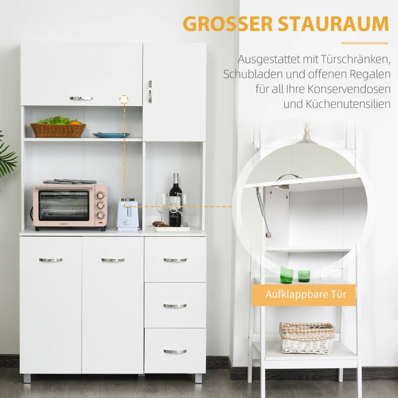 HOMCOM Küchenschrank, Hochschrank mit 3 Schubladen,Sideboard, Aufbewahrungsschrank mit verstellbaren Ablagen, Kommode, Weiß, 100x 39,5 x 183,5 cm