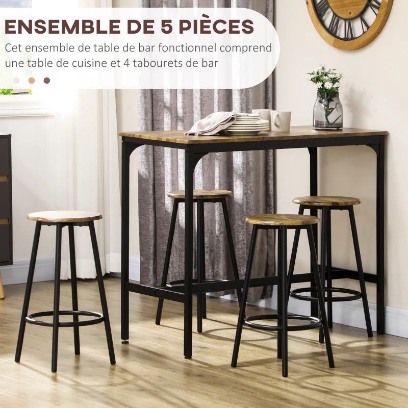 HOMCOM Ensemble table haute et 4 tabourets avec Repose-Pieds, métal noir et aspect bois pour cuisine salle à manger