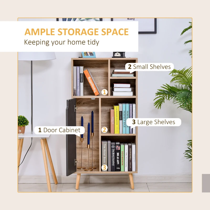 HOMCOM Freestanding Bookshelf Living Room Bookcase Storage Cabinet with 5 Shelves and Door Cupboard for Home Office, Bedroom, Study, Grey