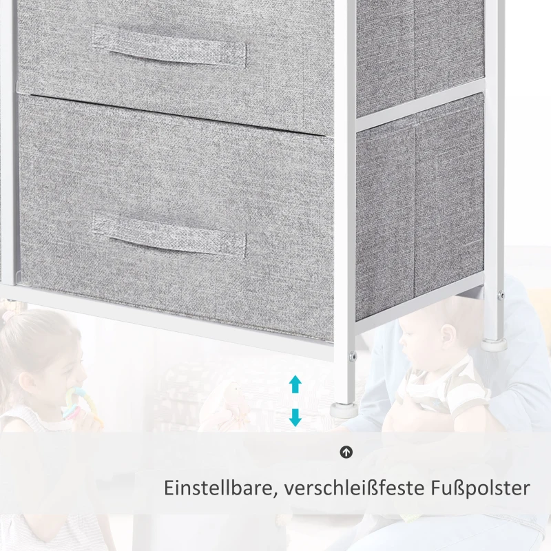 HOMCOM Schubladenschrank, Aufbewahrungsschrank, Stoffkommode mit 5 Stoffschubladen, Stoff+ Holz +Metallrahmen, Grau, 83 x 29 x 77 cm