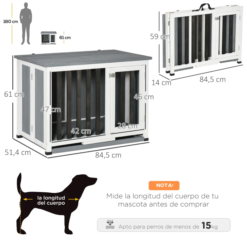 PawHut Jaula para Perros Plegable Mueble Perrera de Madera con Techo Abatible y Bandeja Extraíble 84,5x51,4x61 cm Gris