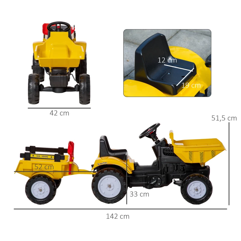 HOMCOM Kinderbagger, kippbare Baggerschaufel, koppelbarer Anhänger, 3-6 Jahre, Stahlrahmen, gelb, 142 x 42 x 51,5 cm