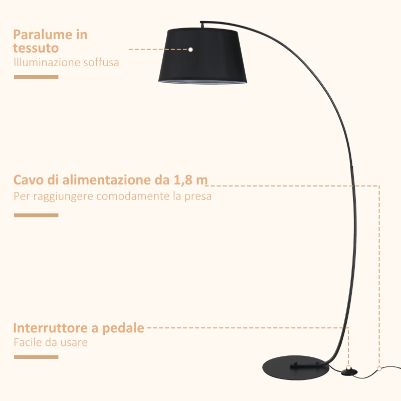 HOMCOM Lampada da Terra ad Arco con Paralume in Tessuto e Interruttore a Pedale, Ø47x105x190cm, Nera