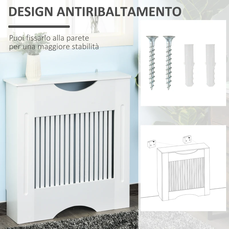 HOMCOM Copritermosifone Bianco in MDF con Piano d'Appoggio e Design Antiribaltamento, 78x19x82 cm