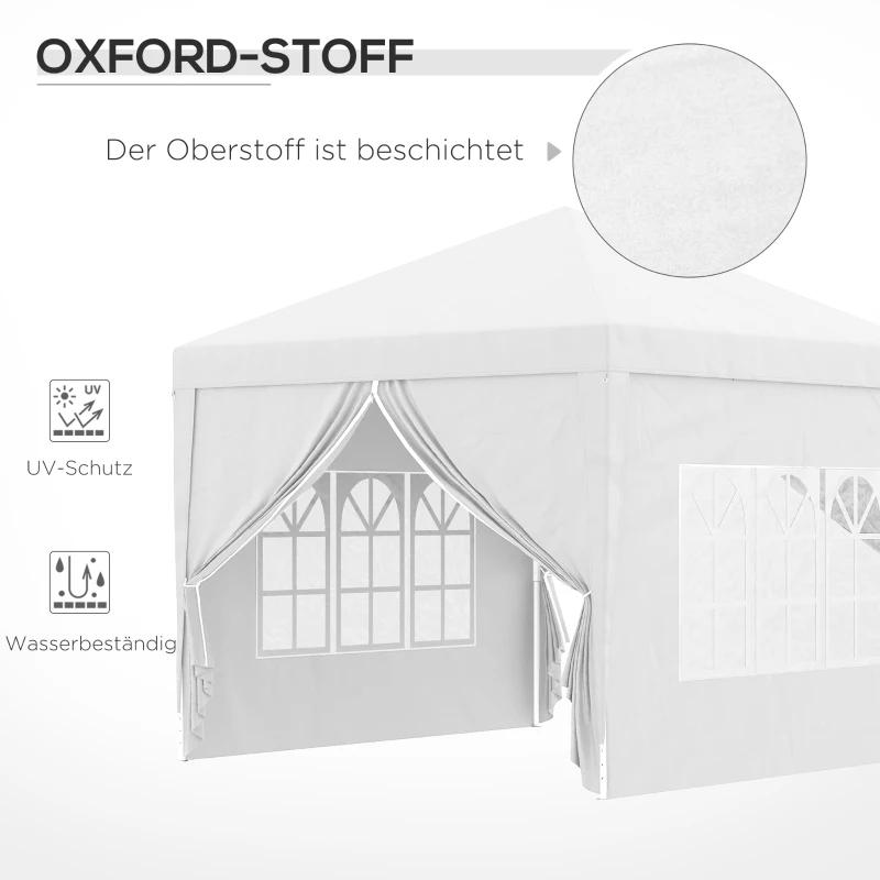Outsunny 3 x 3 m Pavillon mit 4 Seitenwänden, Fenster, Festzelt mit UV-Schutz, Gartenzelt inkl. Tragetasche, Stahl, Weiß
