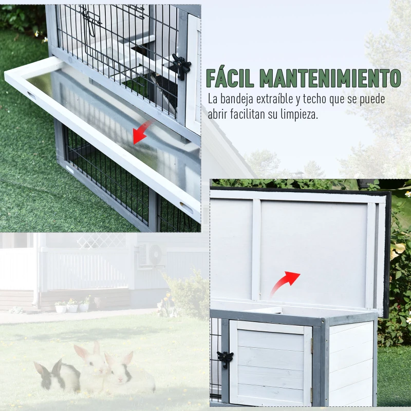 PawHut Conejera de Madera Exterior Jaula para Conejos de 2 Pisos Rampa Bandeja Extraíble y 2 Puertas 108x45x78 cm Gris