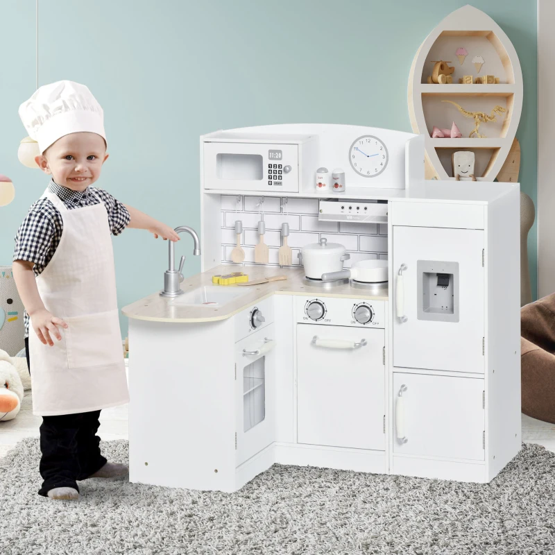 HOMCOM Cucina Giocattolo per Bambini in Legno con 14 Accessori, Forno, Lavandino, Frigo e Microonde, Età 3+ Anni, 86x64x84.5cm, Bianco e Argento
