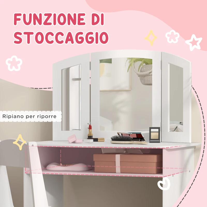AIYAPLAY Set da Trucco per Bambini con Tavolo Toeletta con Specchio Triplo Rimovibile e Sedia in Legno Bianco