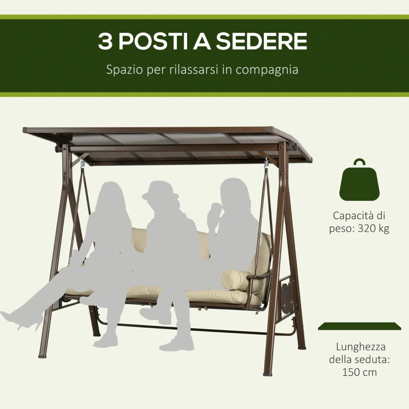 Outsunny Dondolo da Giardino 3 Posti in Acciaio con Tettuccio Inclinabile e Cuscini, 208x120x174 cm