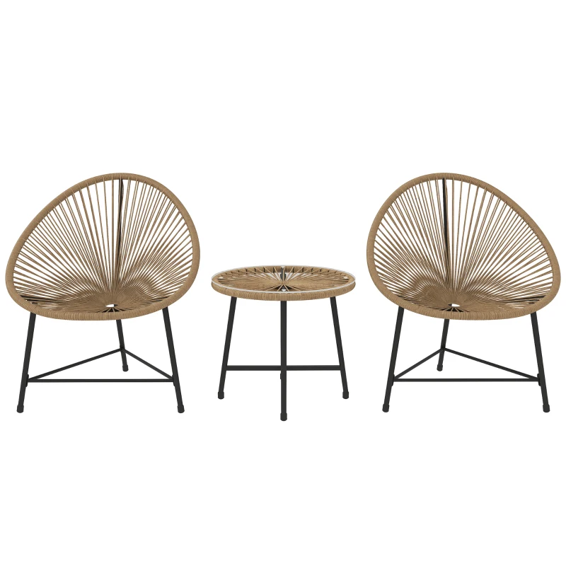 Outsunny 3-teiliges Gartenmöbel-Set, 2 Kunststoffrattan-Stühle, 1 Tisch mit Glasplatte, Stahlrahmen, Outdoor-Sitzmöbel, Hellbraun