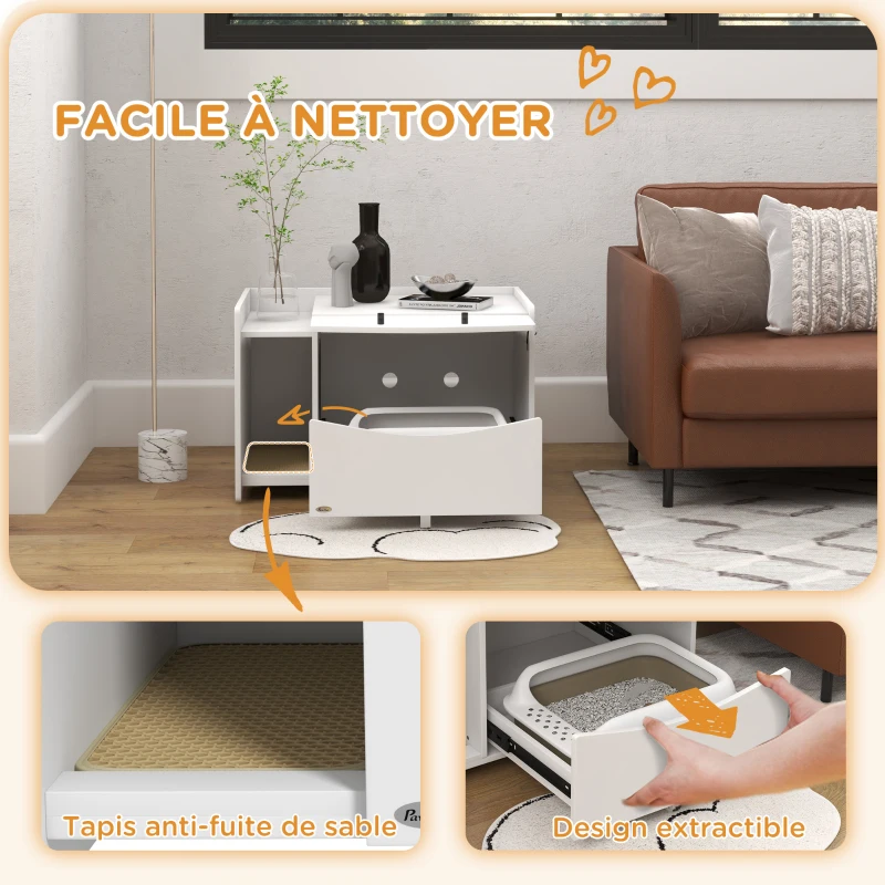 PawHut Meuble 2 en 1 maison de toilette bac à litière chat compartiment coulissant 78 x 50 x 51cm blanc