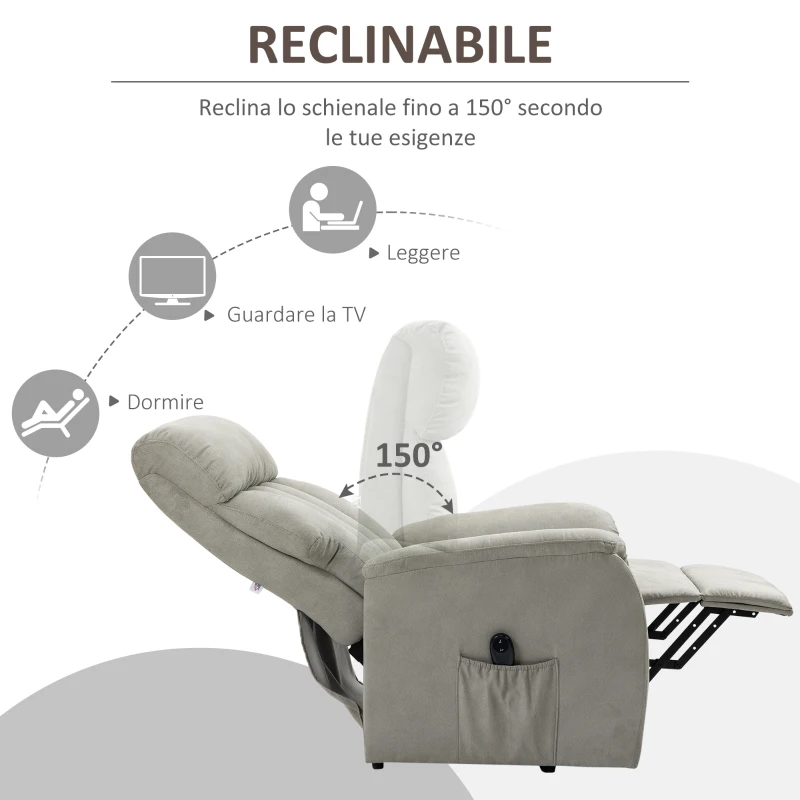 HOMCOM Poltrona Alzapersona Reclinabile 150° max con Telecomando e Poggiapiedi, 75x93x110 cm, Grigio