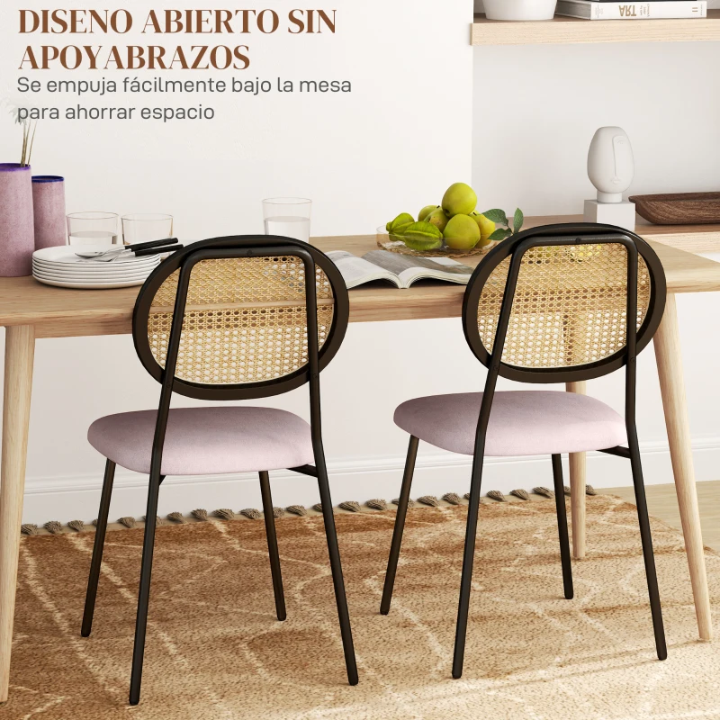 HOMCOM Pack de 2 Sillas de Comedor con Respaldo de Ratán Sintético y Marco de Acero para Salón 44x54x87 cm Rosa y Negro