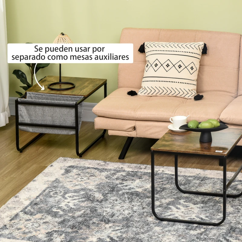 HOMCOM Conjunto de 2 Mesas Auxiliares Anidadas con Bolsa de Almacenaje 45,5x50x46 cm y 63x45x42,5 cm Marrón Rústico